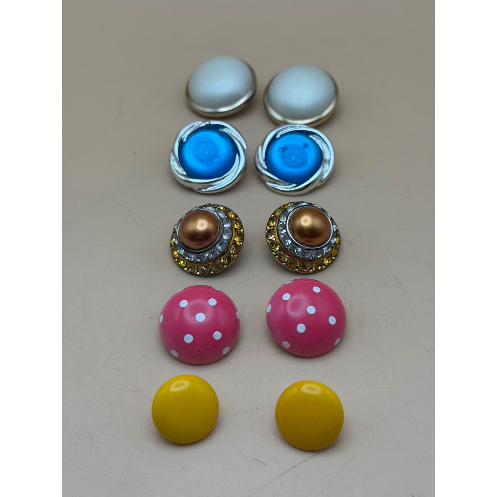 VintageClip‎ On Earring Lot Rhinestone Faux Pearl Polka Dot Retro 5 Pairs